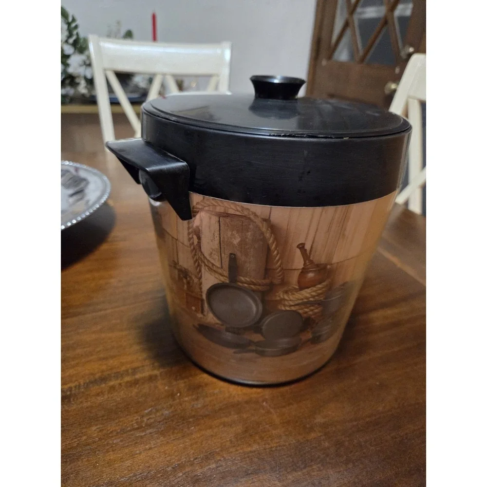 vintage West Bend Thermo-Serv ice bucket features a rustic sportsman design, Bar